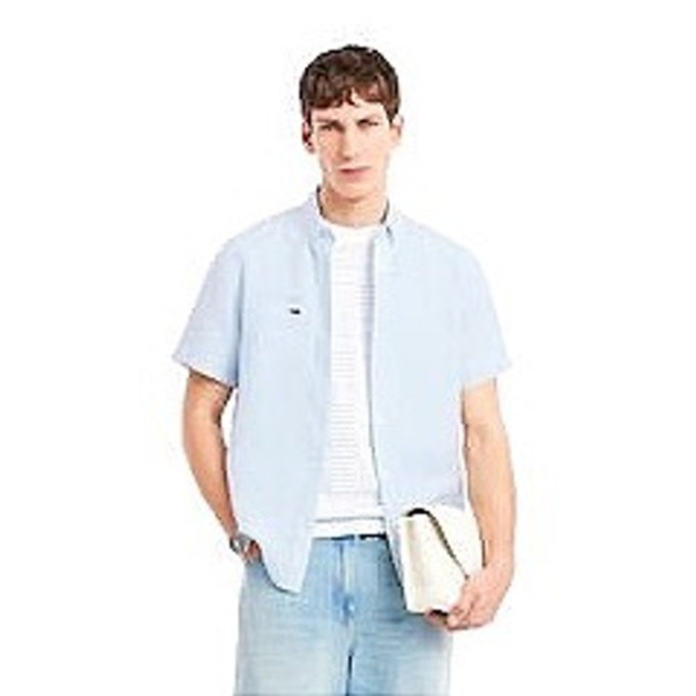 Lacoste Light Blue Button Down Short Sleeve Linen Shirt Regular Fit US M